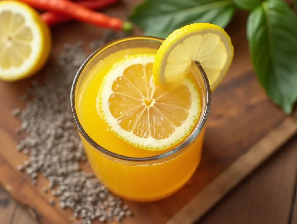Natural Mounjaro drink in a glass with lemon and cayenne