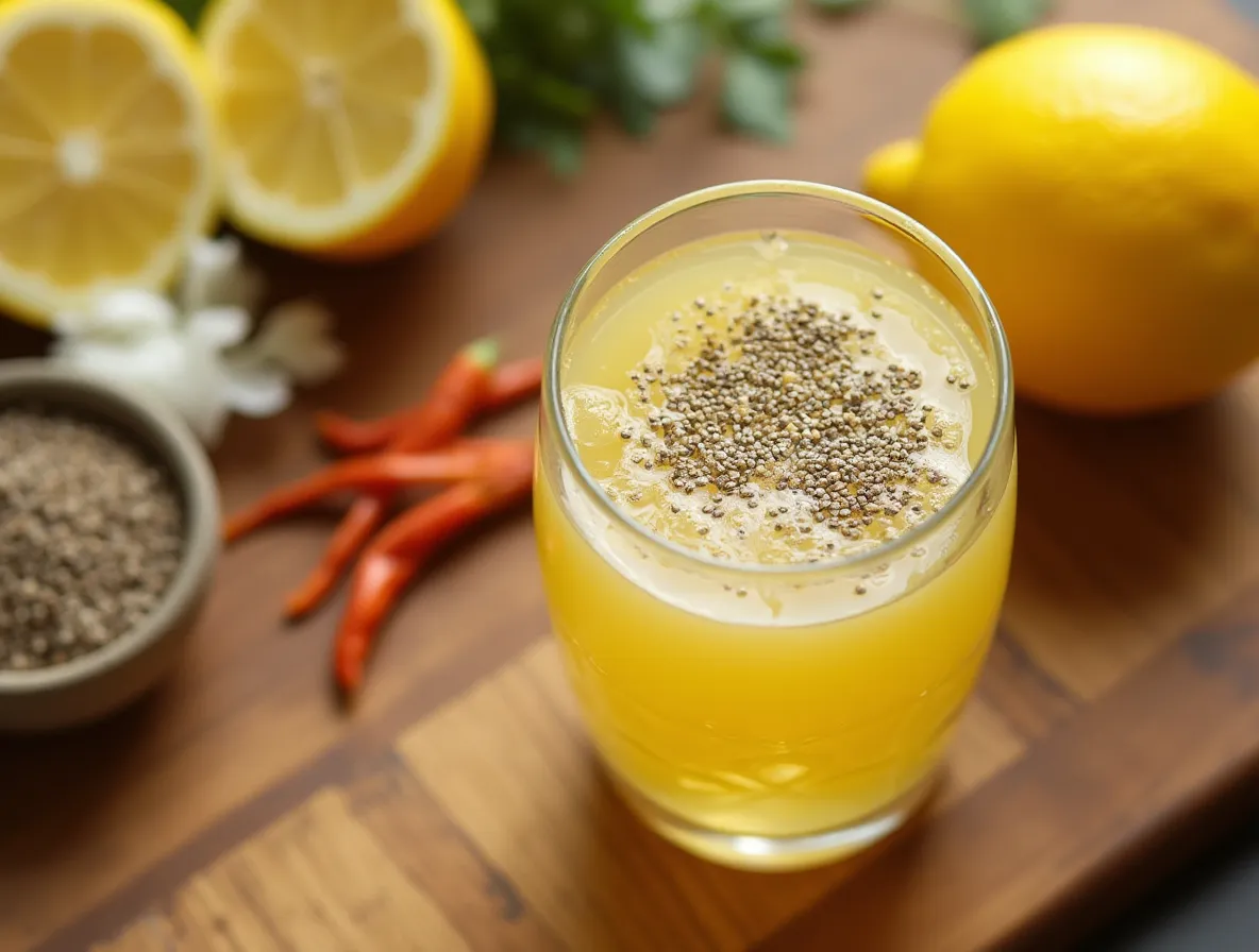 Natural Mounjaro drink in a glass with lemon and cayenne