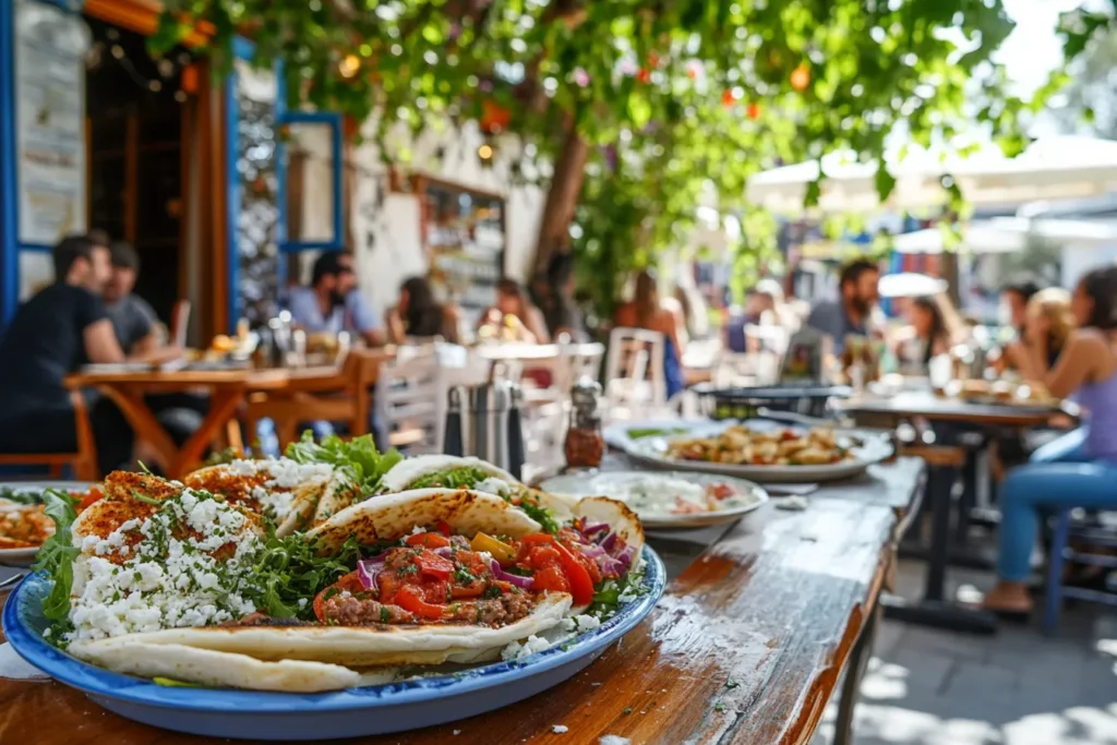 Smiling diners enjoying Greek food together