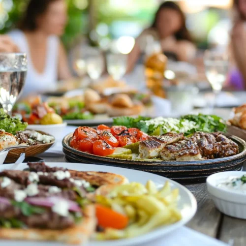 Smiling diners enjoying Greek food together