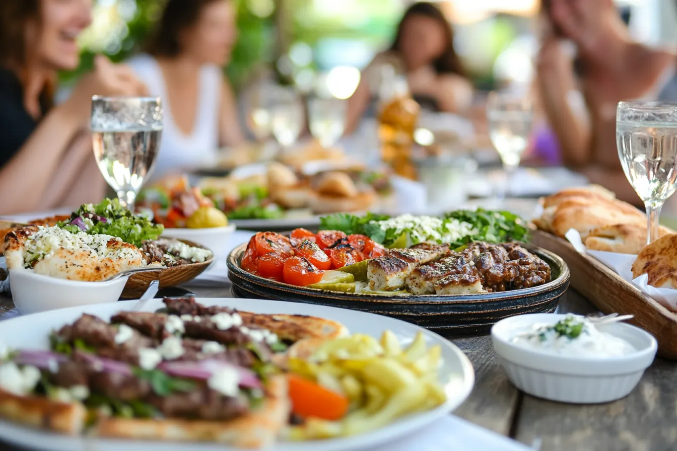 Smiling diners enjoying Greek food together