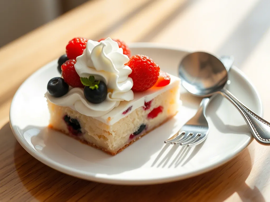 Cake slice with fresh strawberries and cream