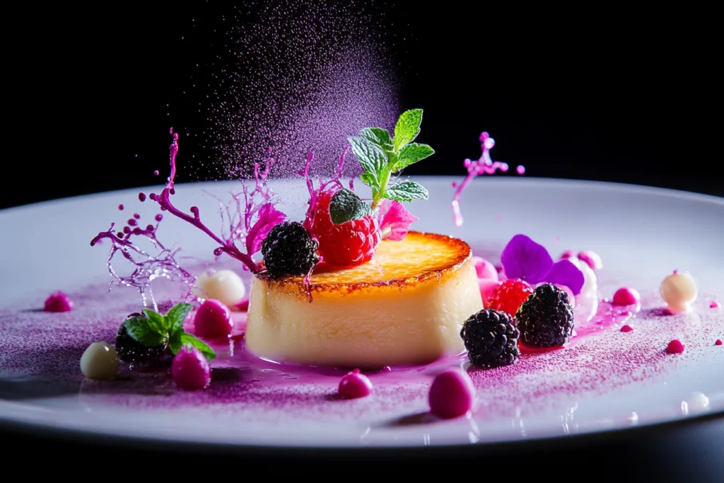 Creme brulee with berries and mint on a fancy plate