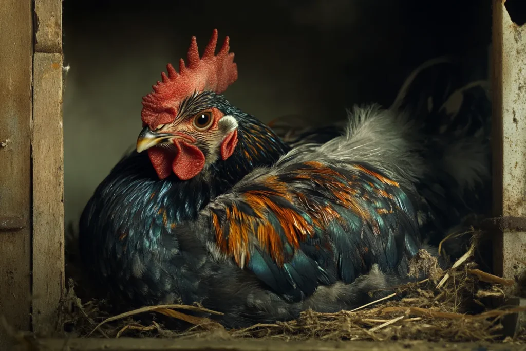 Sapphire Splash hen with missing feathers from pecking