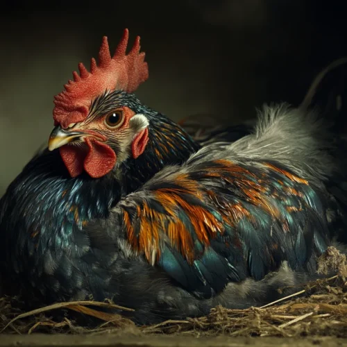 Sapphire Splash hen with missing feathers from pecking