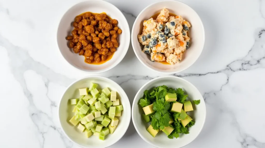 Different variations of chicken salad in bowls