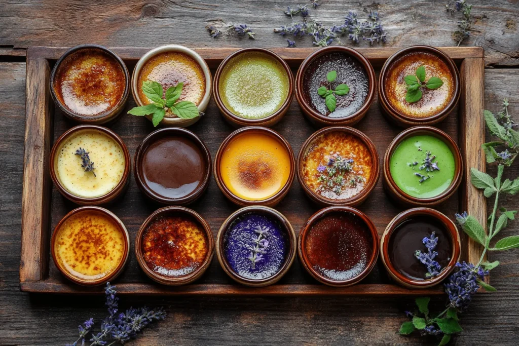 Matcha and chocolate creme brulee in colorful ramekins