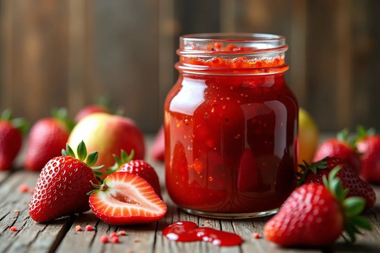 A jar of freshly made strawberry & apple jam