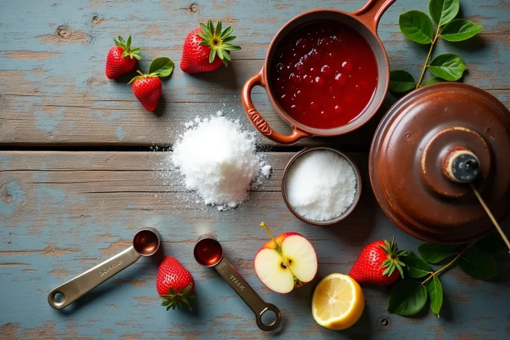 Ingredients for strawberry apple jam laid out on a kitchen table