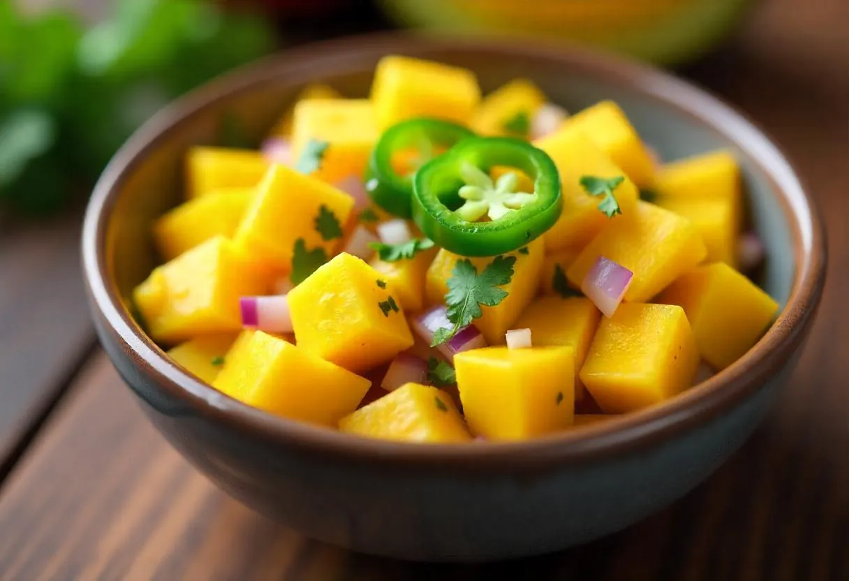 Bowl of colorful fresh mango salsa