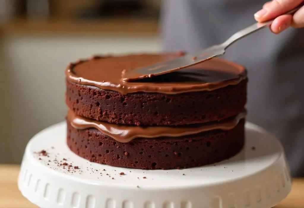 Layering chocolate cake with ganache filling in between