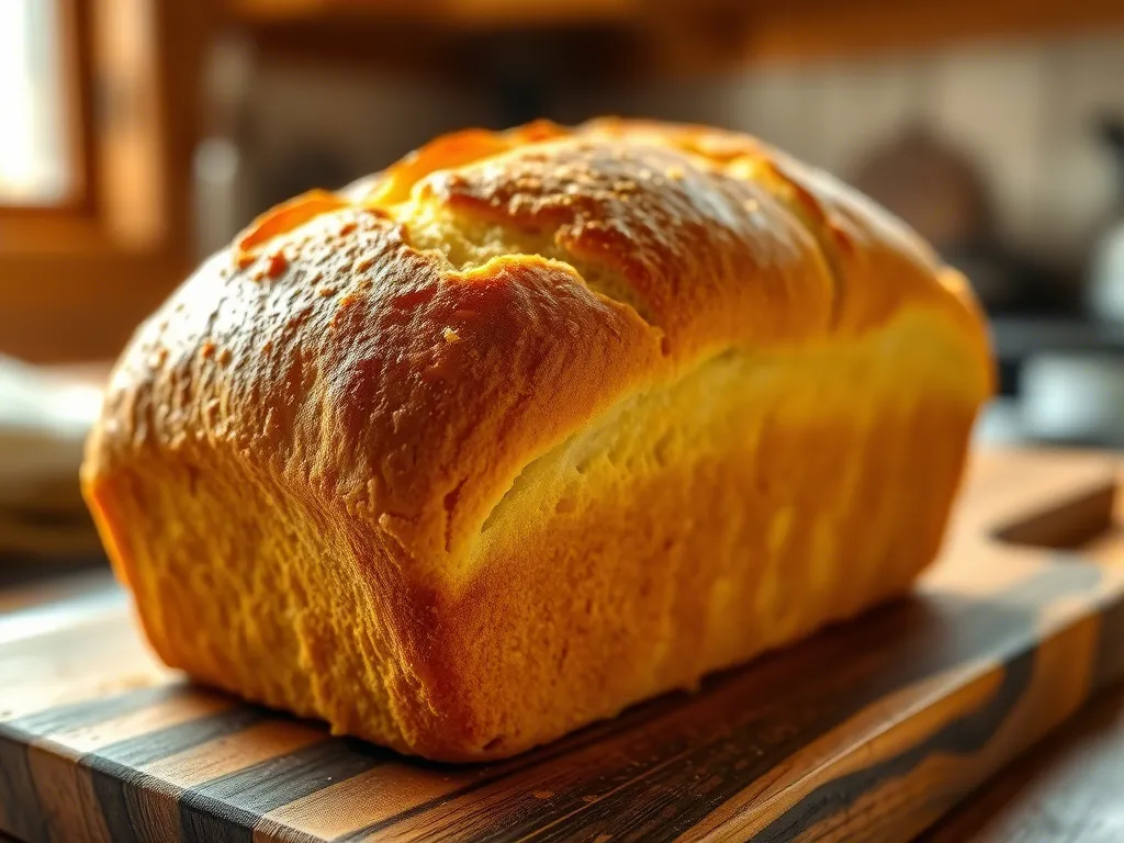 Freshly baked saffron bread loaf glowing golden on a wooden board