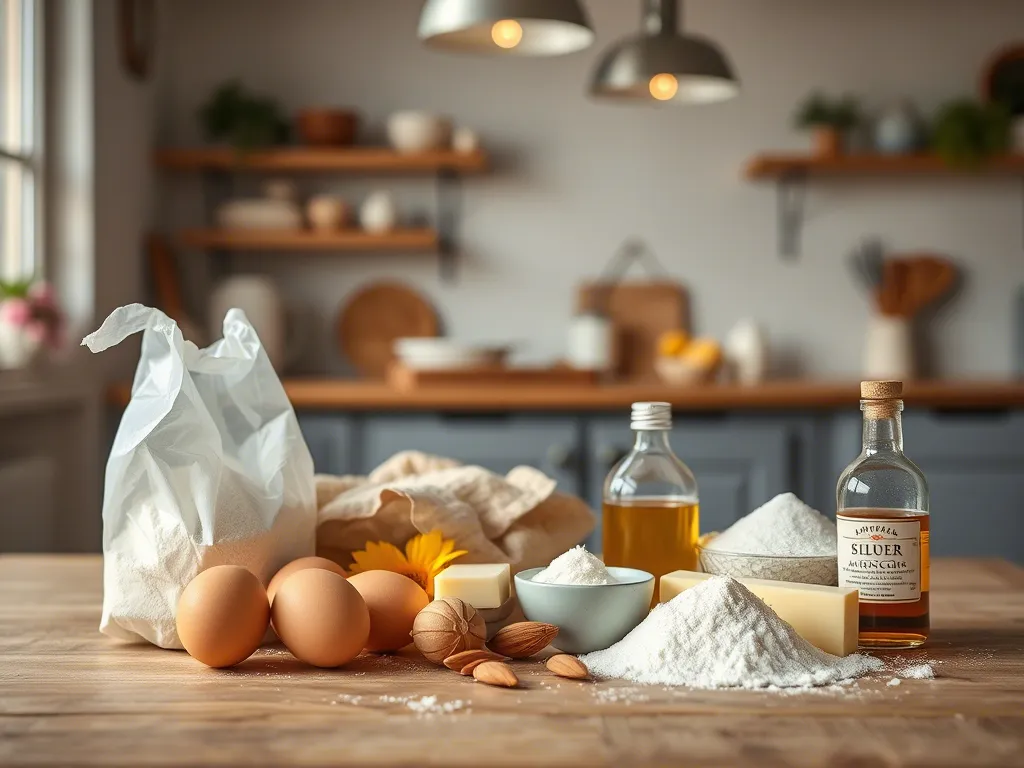 Cake ingredients laid out on a table