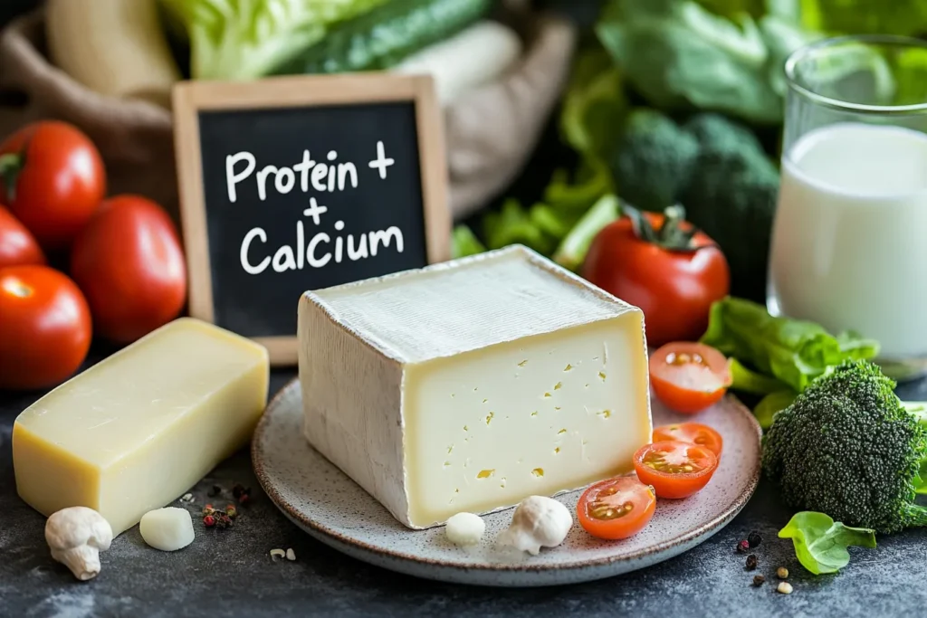 Nutrition label and cheese cubes next to measuring cups and fresh produce