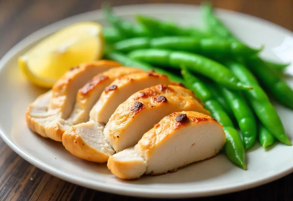 Grilled chicken and lightly steamed pea pods on a plate