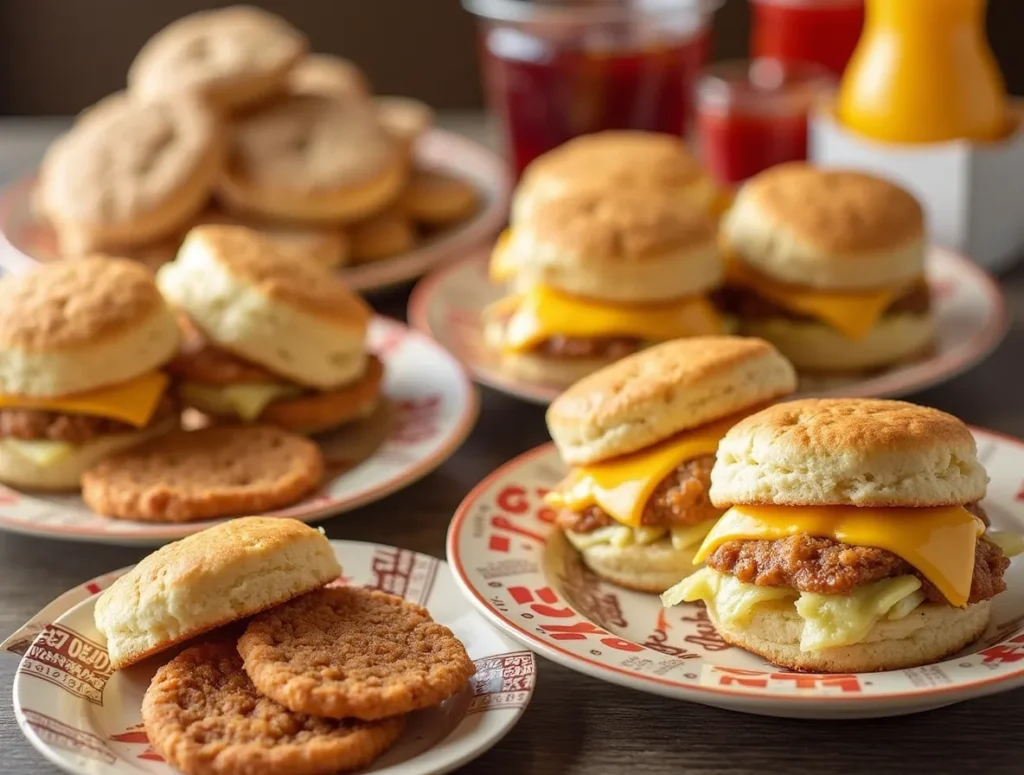 A variety of Hardee's breakfast items including biscuits and hash rounds