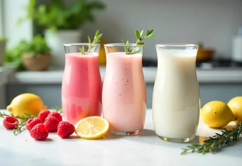Assorted probiotic yogurt drinks with ingredients