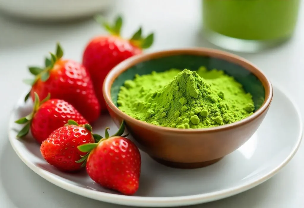 Matcha powder and strawberries symbolizing health benefits