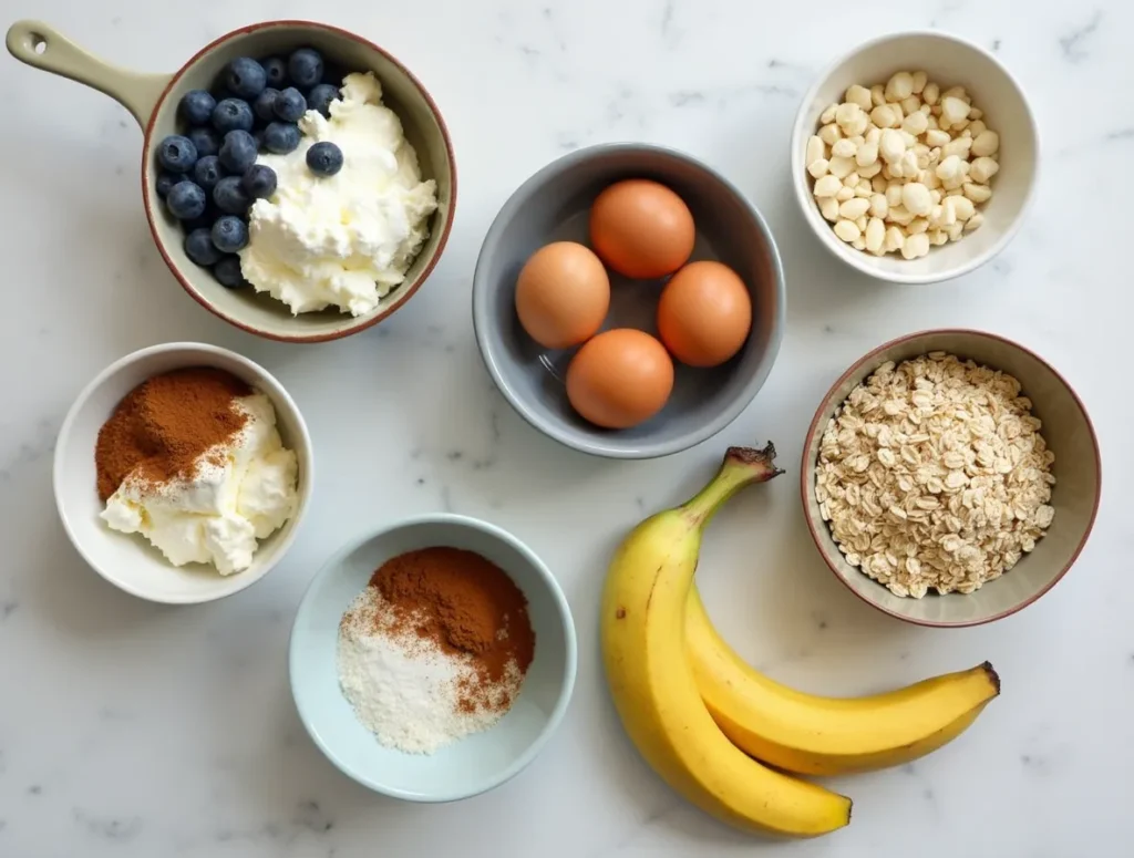 Ingredients for blueberry cottage cheese breakfast bake