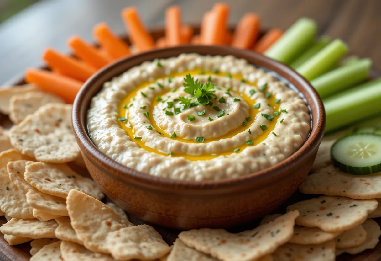 Creamy white bean dip in a bowl surrounded by fresh vegetables