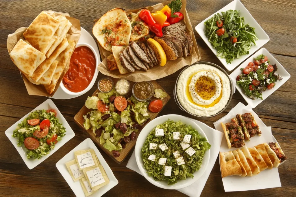 A table full of Greek dishes with nutritional labels