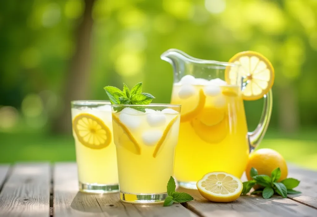 A pitcher and glasses of homemade lemonade with lemon slices and mint