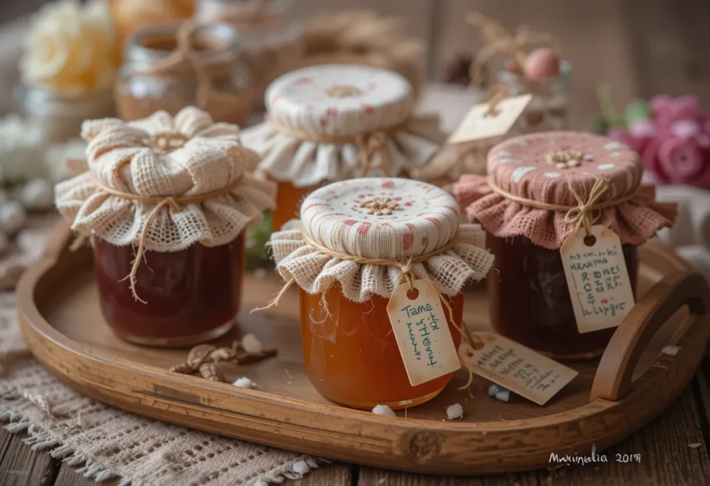 Gifted jam jars wrapped with ribbons