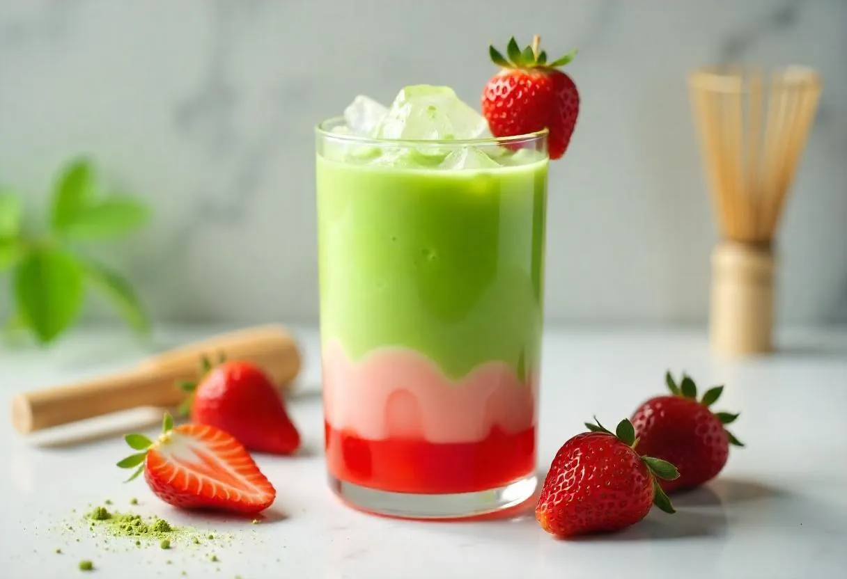 Refreshing glass of iced strawberry matcha latte with fresh strawberries and bamboo whisk
