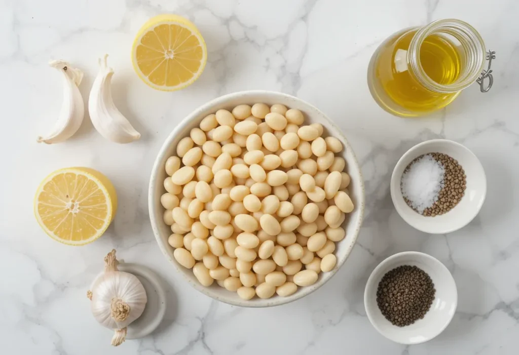 White bean dip ingredients laid out on a kitchen counter