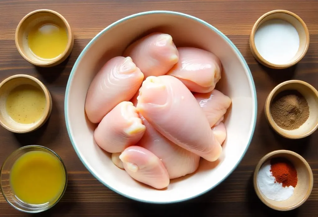 Raw chicken pieces and marinade ingredients