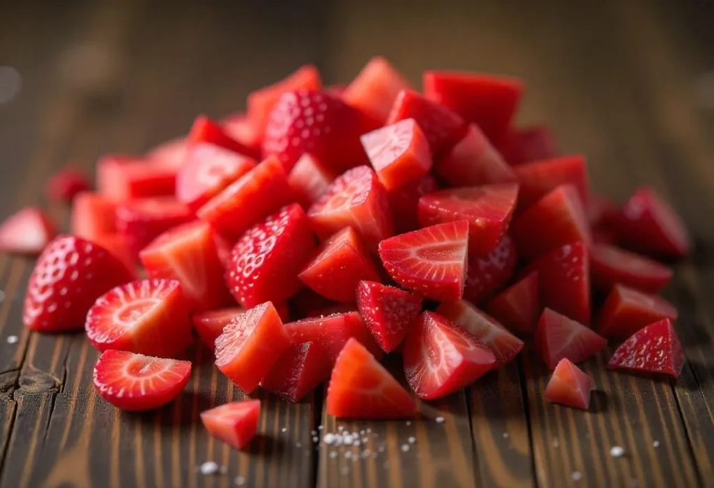 Fresh strawberries and rhubarb stalks on a table