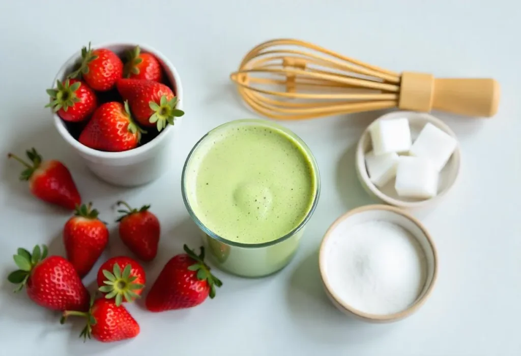 Ingredients laid out for iced strawberry matcha latte