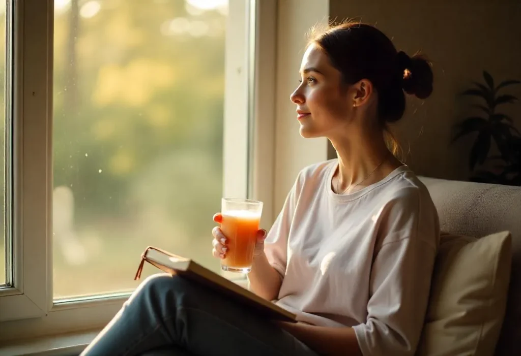 Woman drinking Mounjaro drink during her morning routine