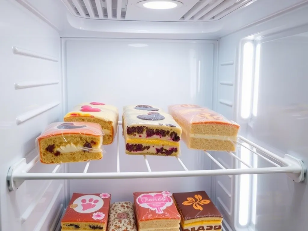 Wrapped cake slices in the fridge