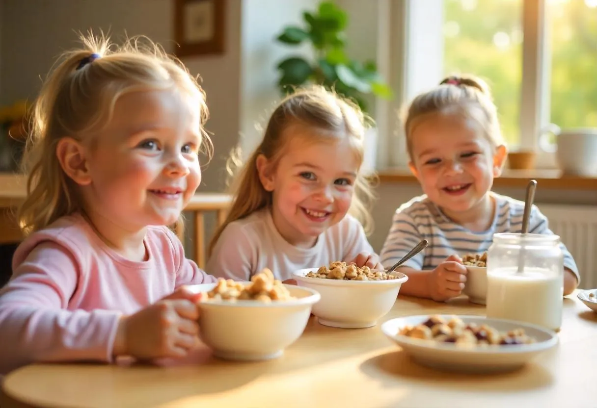 Kids eating granola at breakfast
