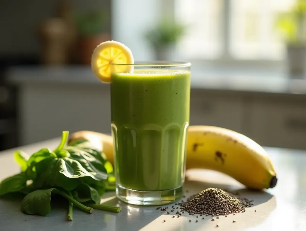 A green kratom smoothie in a glass with spinach and banana