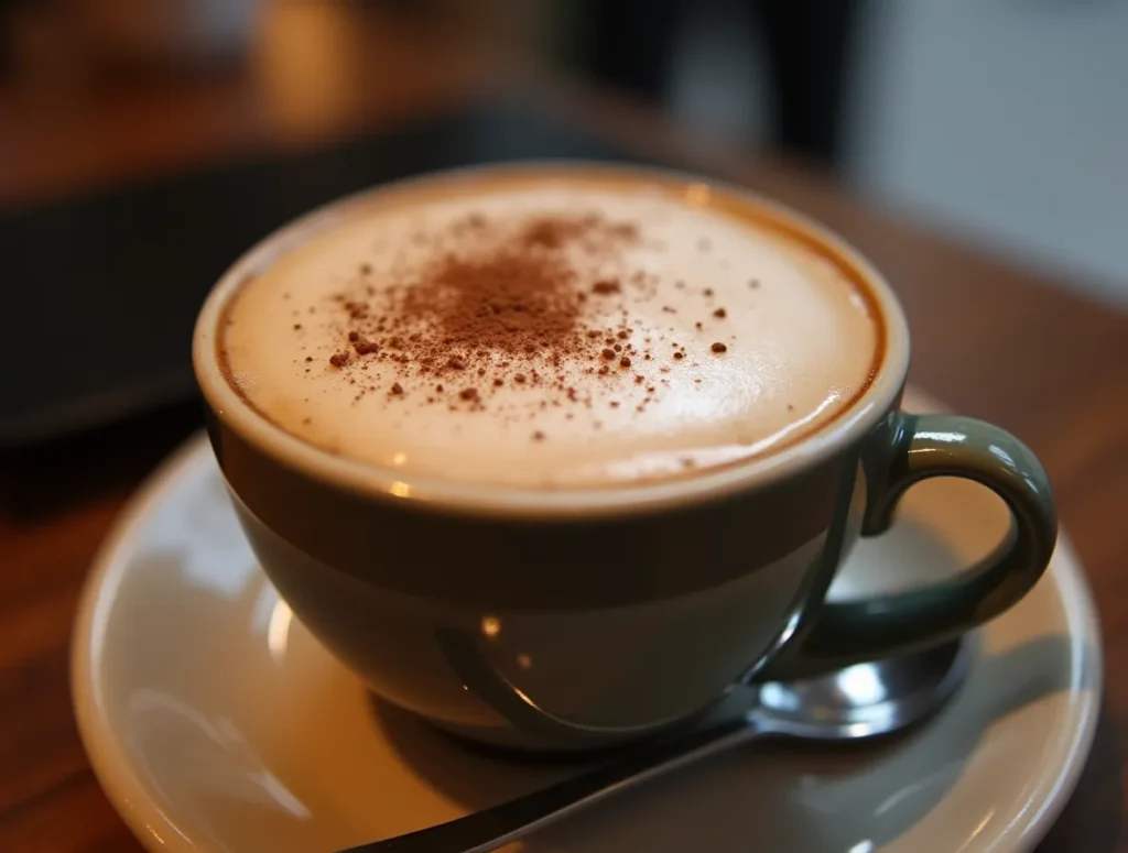 A frothy kratom mocha latte in a cafe-style mug