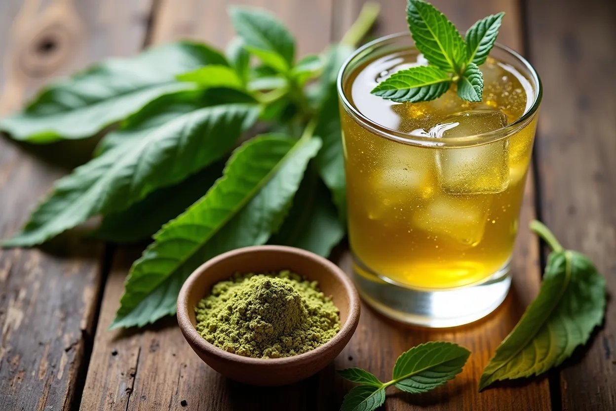 Kratom leaves and powder with a wellness drink
