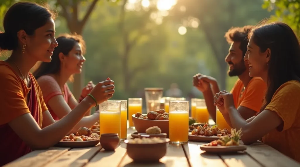 A family in India drinking lassi together outdoors
