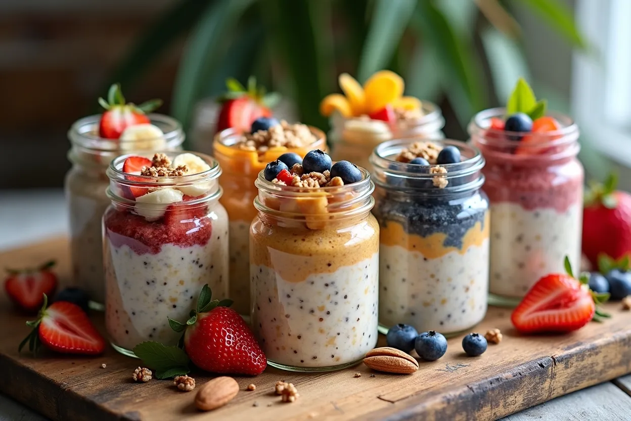 Assorted jars of colorful overnight oats on a rustic table
