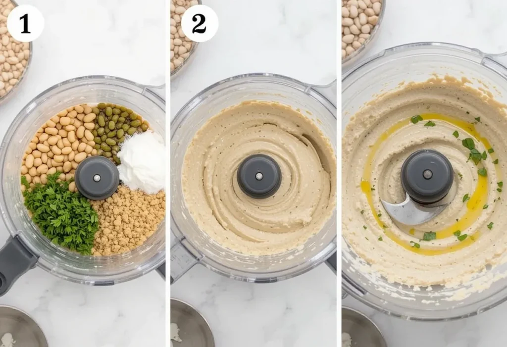 Step-by-step process of blending white bean dip