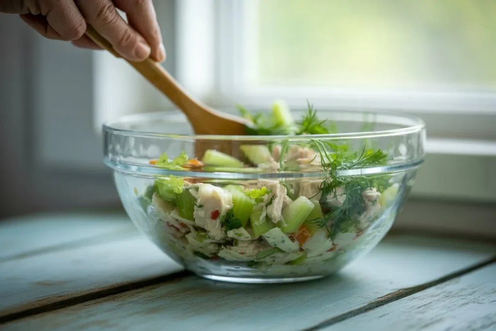 Mixing chicken salad ingredients in a bowl