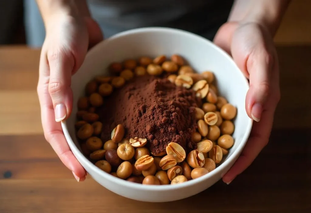 Mixing chocolate hazelnut granola in a bowl