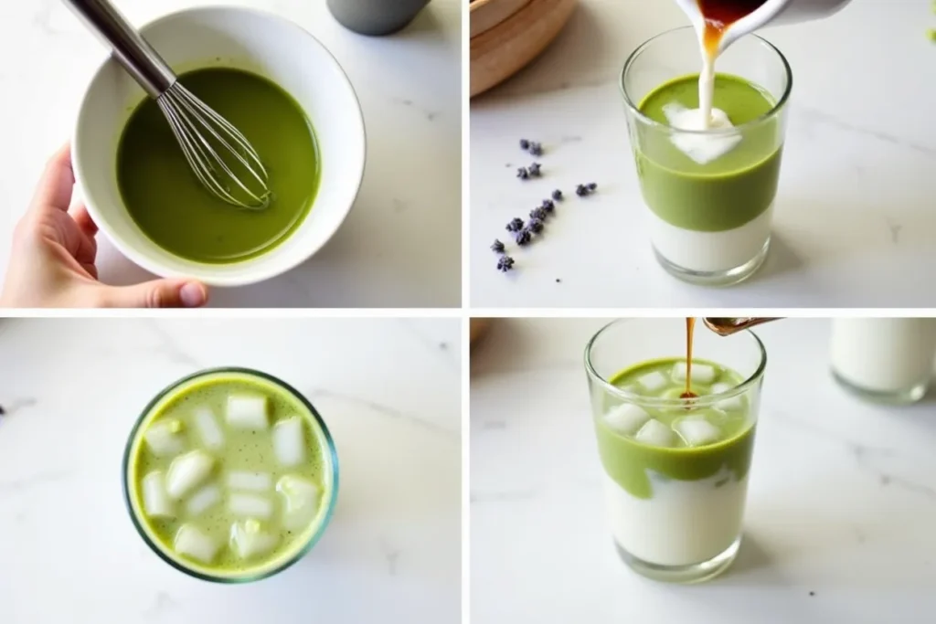 Step-by-step process of making an iced lavender matcha latte
