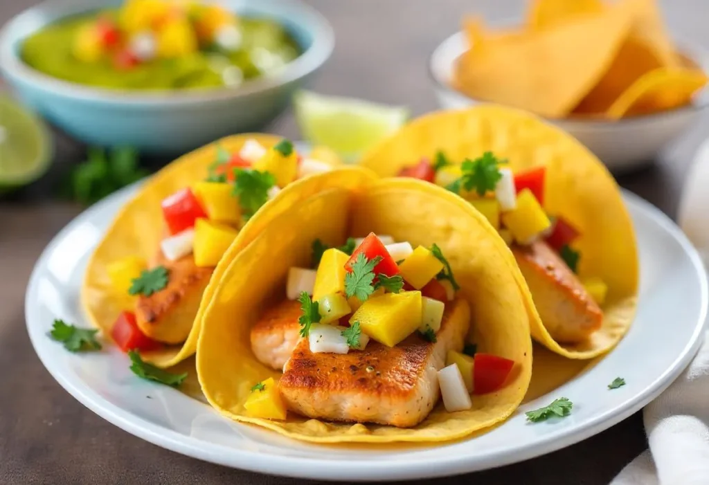 Mango salsa served with tacos and chips