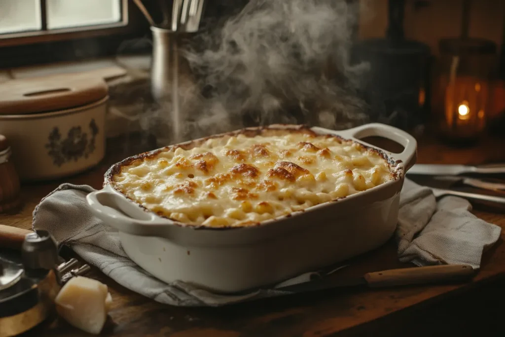 A baked mac & cheese dish topped with Griffin Cheese with steam rising