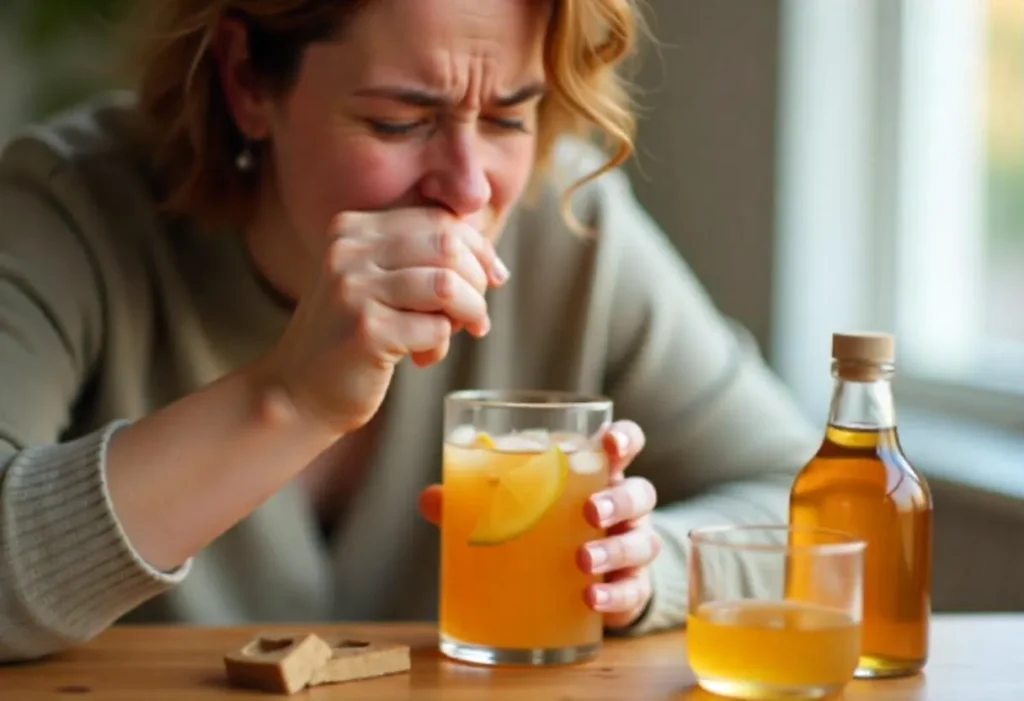 Person grimacing while drinking a very strong vinegar drink
