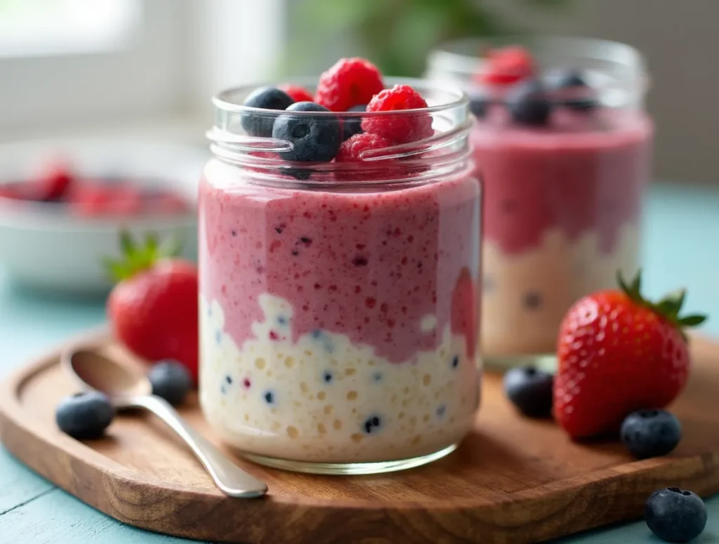 Overnight oats topped with blueberries, raspberries, and strawberries