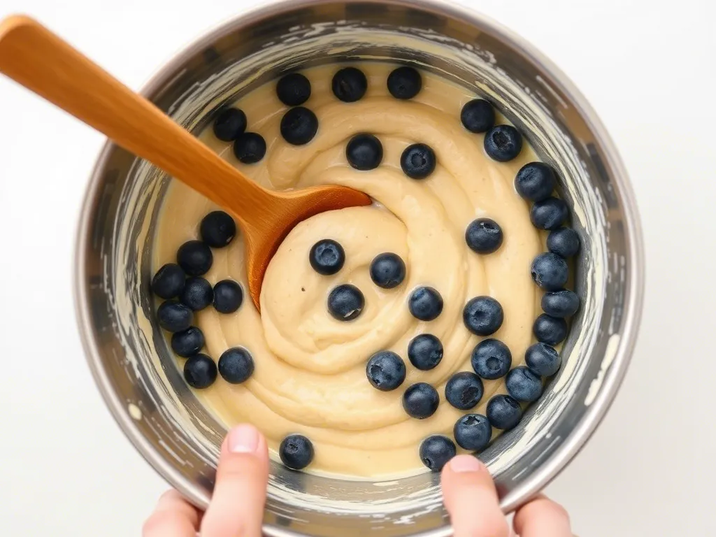 Mixing muffin batter in a large bowl