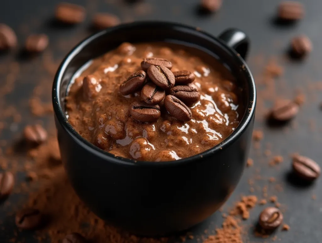 Mocha overnight oats in a cup with coffee beans around
